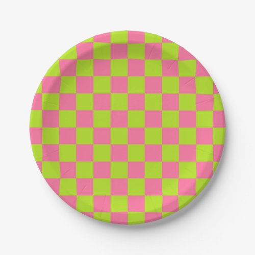 Checkered Lime Green and Pink Paper Plates