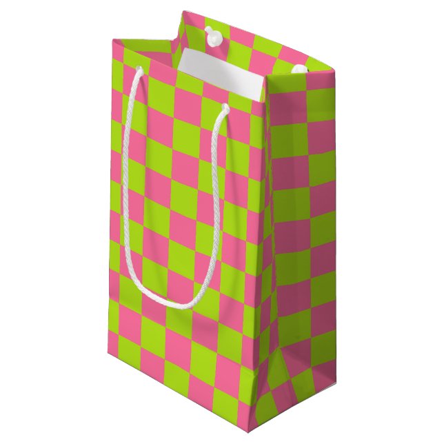 Checkered Lime Green and Pink Small Gift Bag (Front Angled)