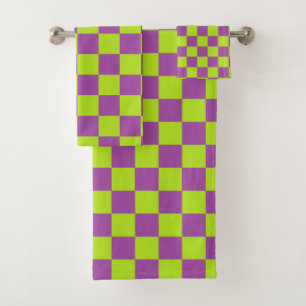Checkered Lime Green and Purple Bath Towel Set