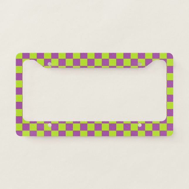 Checkered Lime Green and Purple  License Plate Frame (Front)