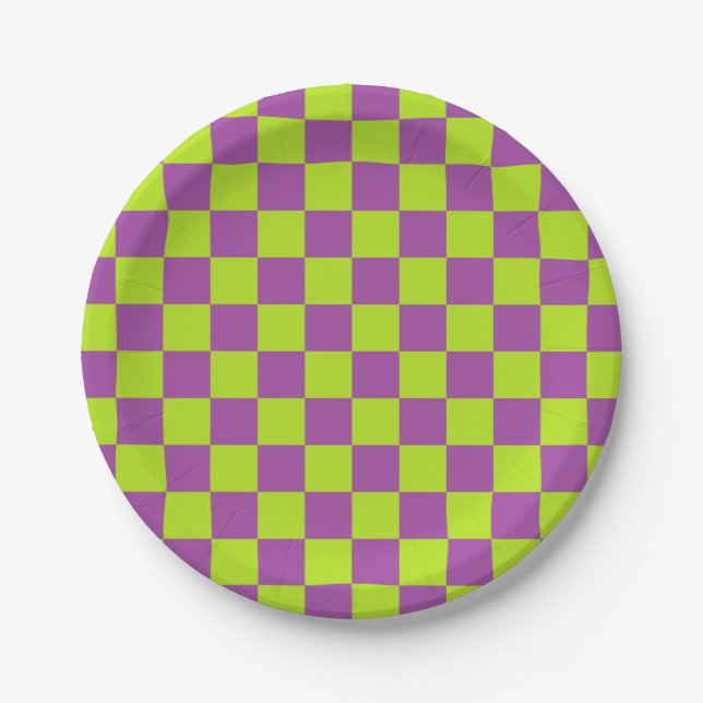 Checkered Lime Green and Purple Paper Plates (Front)