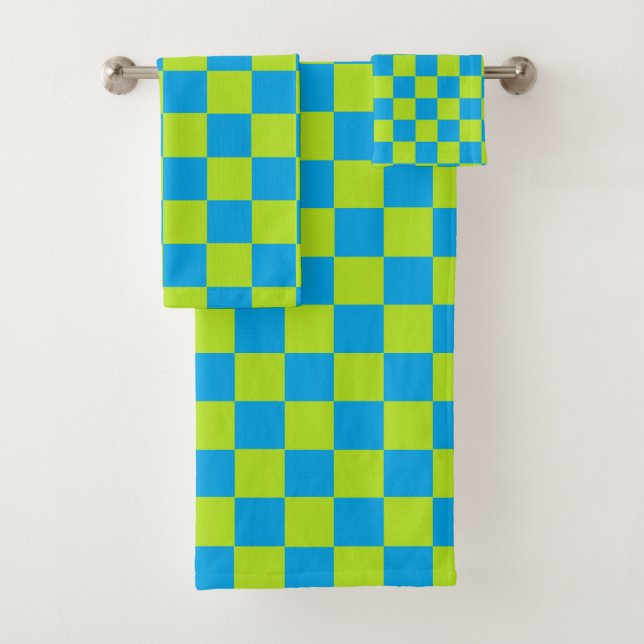 Checkered Lime Green and Turquoise Bath Towel Set (Insitu)
