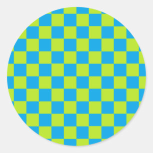 Checkered Lime Green and Turquoise Classic Round Sticker