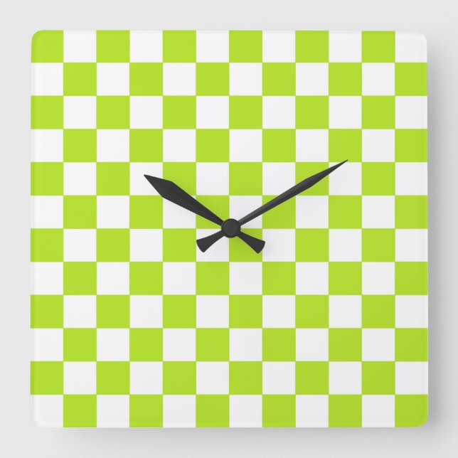 Checkered Lime Green and White Square Wall Clock (Front)