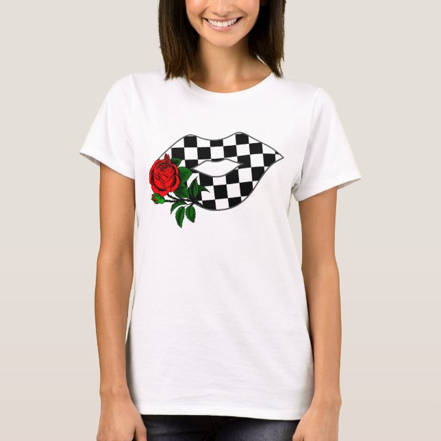 Checkered lips kiss red rose T-Shirt (Front)