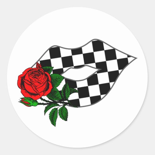 Checkered lips kiss red rose T_Shirt Classic Round Sticker