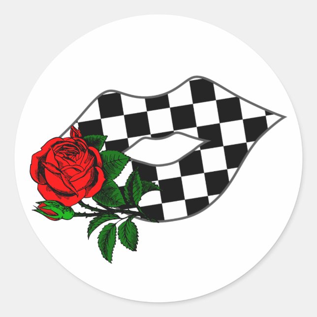 Checkered lips kiss red rose T-Shirt Classic Round Sticker (Front)