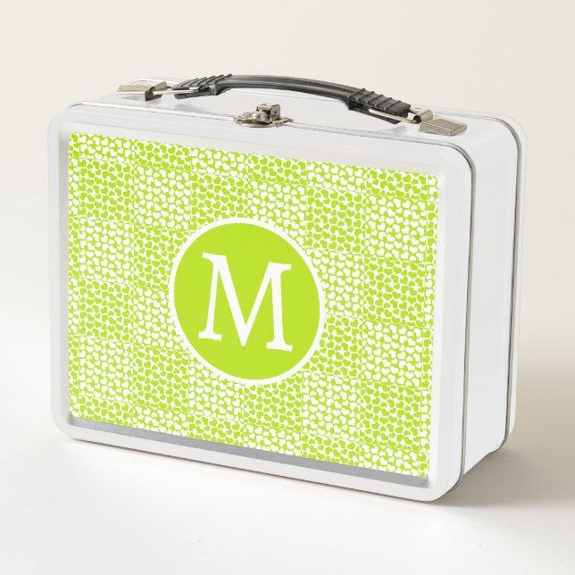 Checkered Love in Lime Green and White Monogram Metal Lunch Box (Front)