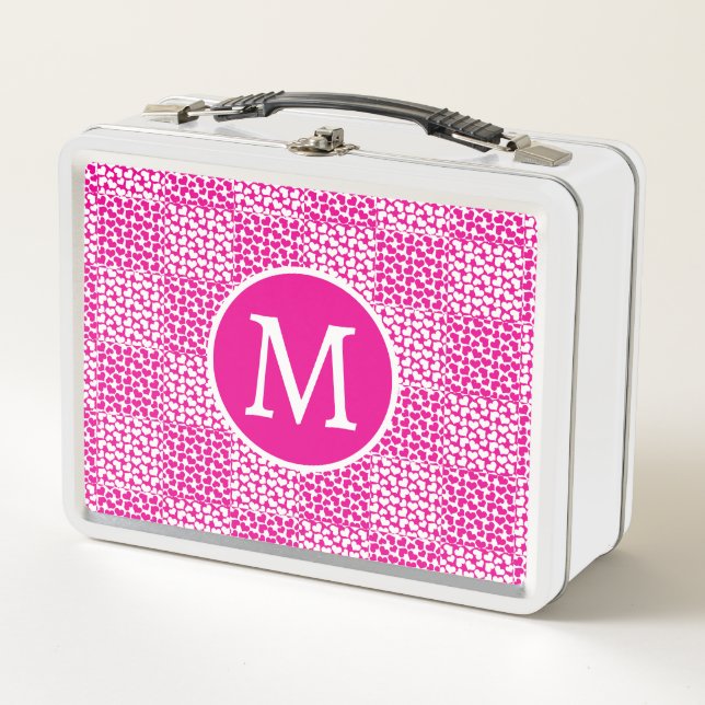 Checkered Love in Magenta and White Monogram Metal Lunch Box (Front)