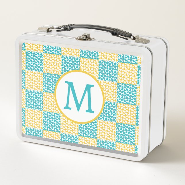Checkered Love in Turquoise, Yellow, and White Metal Lunch Box (Front)