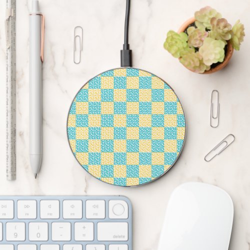 Checkered Love in Turquoise Yellow and White Wireless Charger