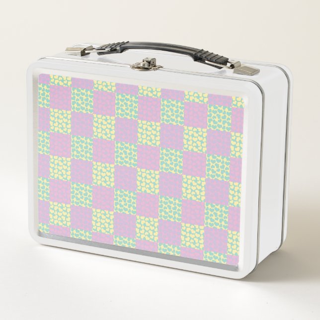 Checkered Love-Pastel Pink, Yellow, Purple & Green Metal Lunch Box (Front)