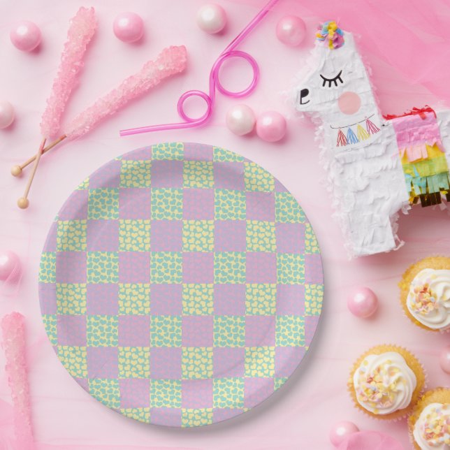 Checkered Love-Pastel Pink, Yellow, Purple & Green Paper Plates (Party)