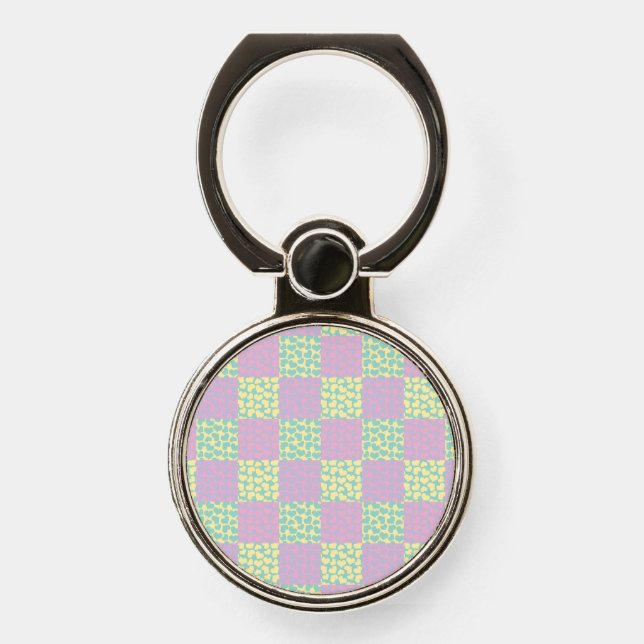 Checkered Love-Pastel Pink, Yellow, Purple & Green Phone Ring Stand (Front)