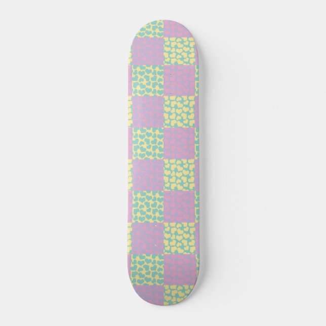 Checkered Love-Pastel Pink, Yellow, Purple & Green Skateboard (Front)