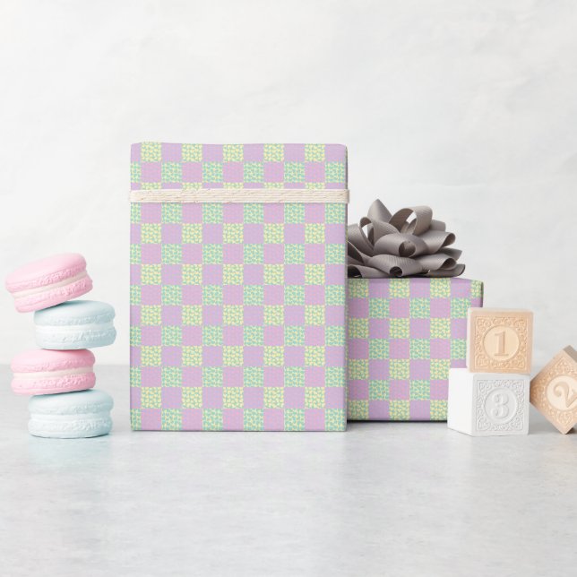 Checkered Love-Pastel Pink, Yellow, Purple & Green Wrapping Paper (Baby Shower)