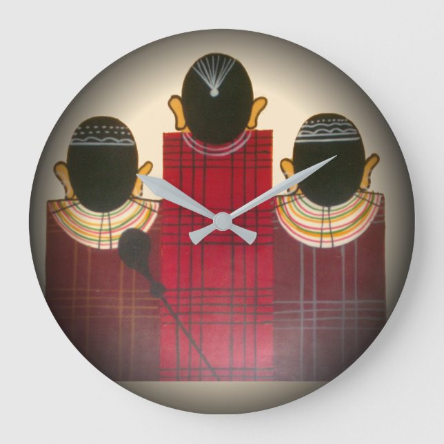 Checkered Maasai Family Portrait Large Clock (Front)