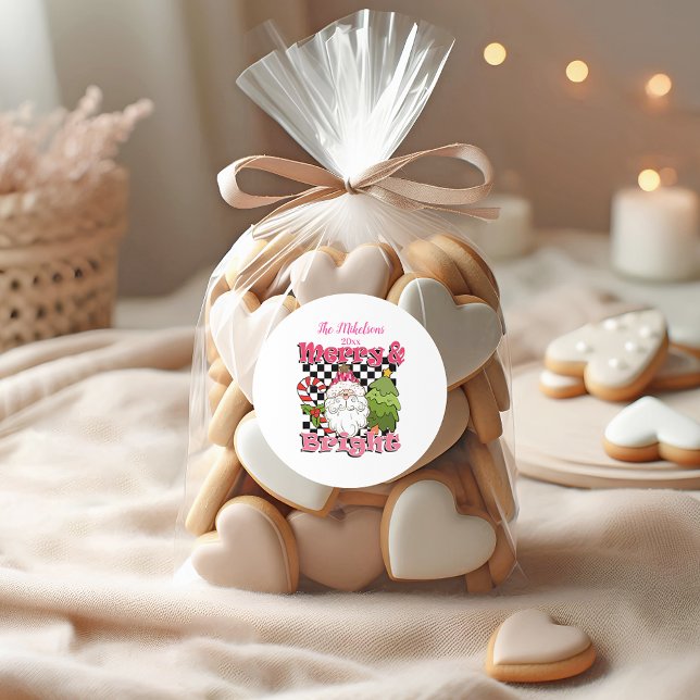 Checkered Merry & Bright Christmas Classic Round Sticker (Creator Uploaded)