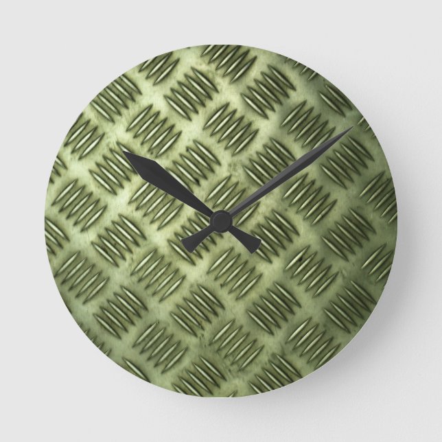 Checkered Metal Steel Flooring Diagonal Texture Round Clock (Front)
