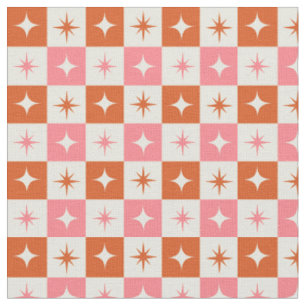 Checkered Mid Century Atomic Stars Pink Orange Fabric