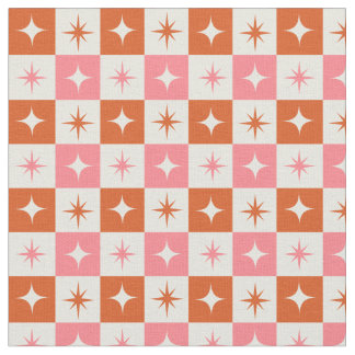 Checkered Mid Century Atomic Stars Pink Orange Fabric