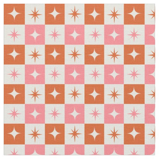 Checkered Mid Century Atomic Stars Pink Orange Fabric