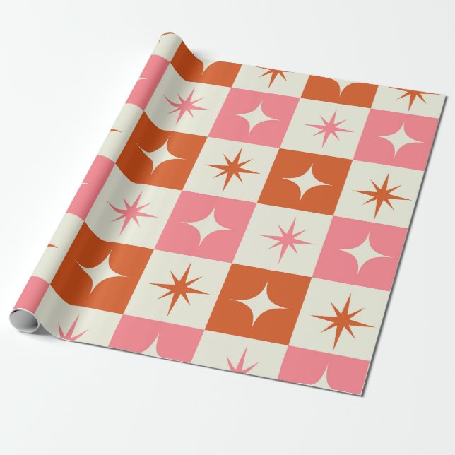 Checkered Mid Century Atomic Stars Pink Orange  Wrapping Paper (Unrolled)