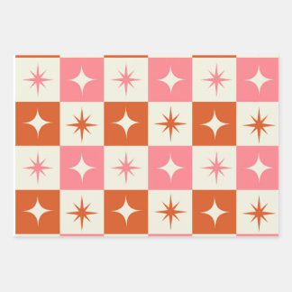 Checkered Mid Century Atomic Stars Pink Orange  Wrapping Paper Sheets
