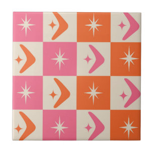 Checkered Mid Century Boomerangs pink and orange Ceramic Tile
