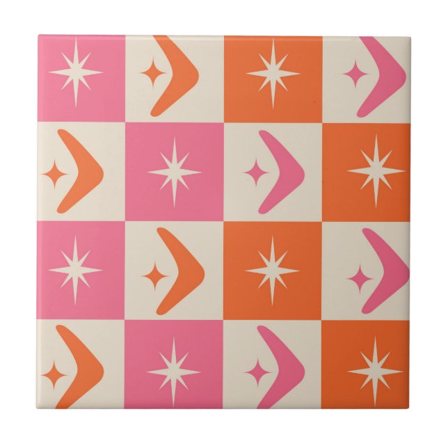 Checkered Mid Century Boomerangs pink and orange  Ceramic Tile (Front)
