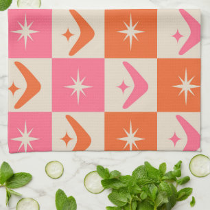 Checkered Mid Century Boomerangs pink and orange  Kitchen Towel