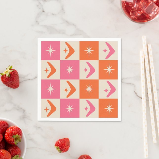 Checkered Mid Century Boomerangs pink and orange  Napkins (Insitu)