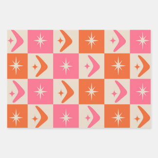 Checkered Mid Century Boomerangs pink and orange  Wrapping Paper Sheets