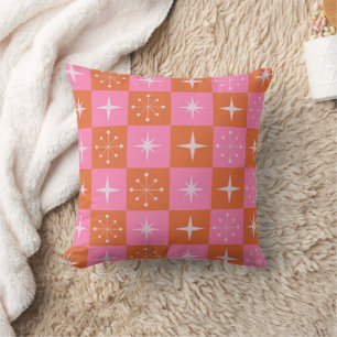 Checkered Mid Century Starbursts in Pink Orange Throw Pillow