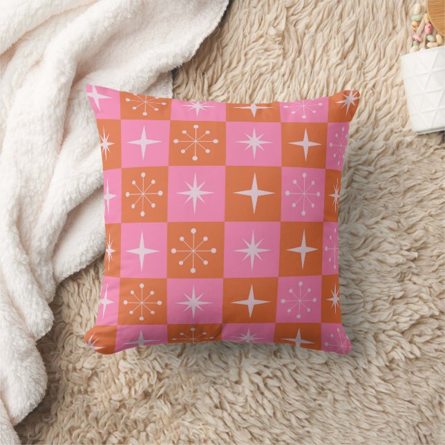 Checkered Mid Century Starbursts in Pink Orange Throw Pillow (Blanket)