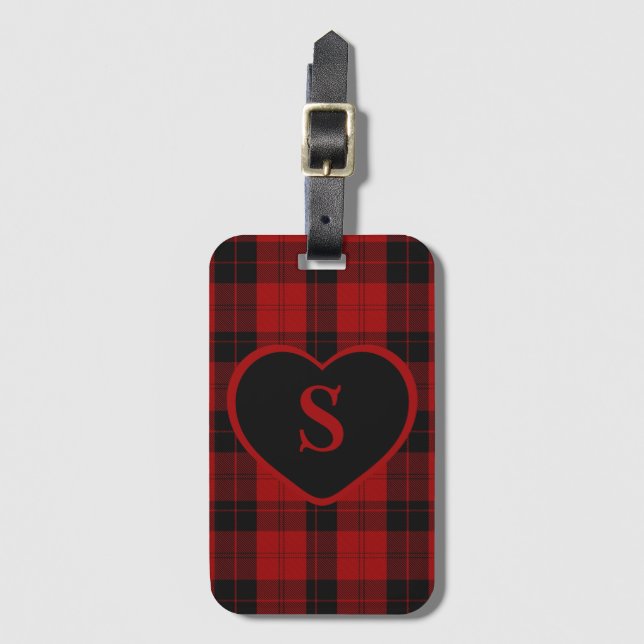 Checkered Monogram Christmas Red Buffalo Plaid Luggage Tag (Front Vertical)