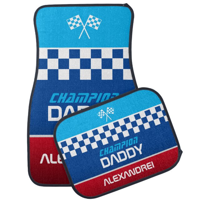 Checkered Monogram Sporty Blue Racing Car Floor Mat (Set)