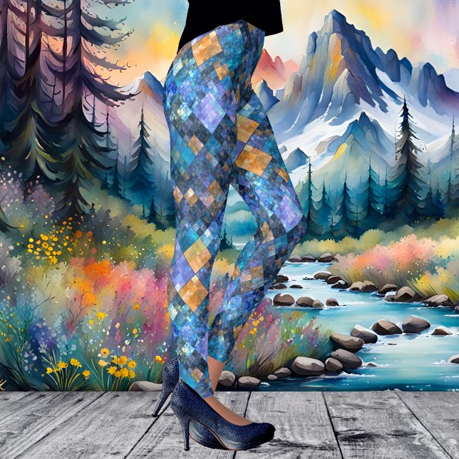 Checkered Mosaic Geometric Pattern Leggings (Leggings featuring a modern patterned mosaic design in blue purple with some other colors)