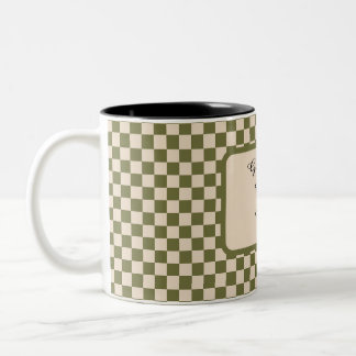 Checkered Moss Green and Beige Quiet Corner Quote Two-Tone Coffee Mug