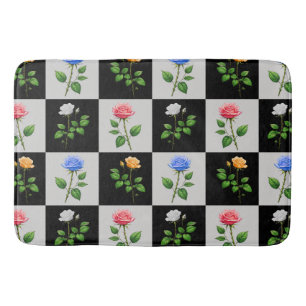 Checkered Multicolored Rose Floral Design Bath Mat