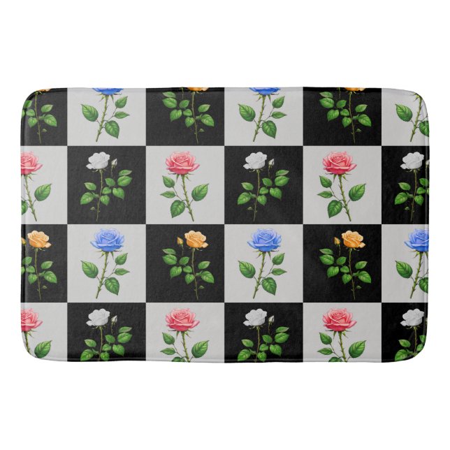 Checkered Multicolored Rose Floral Design  Bath Mat (Front)