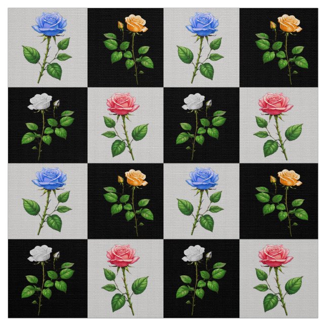 Checkered Multicolored Rose Floral Design  Fabric (Swatch)