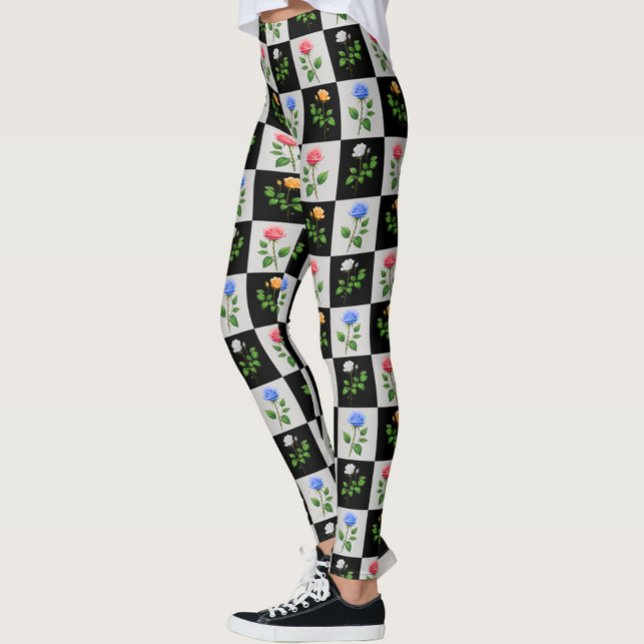 Checkered Multicolored Rose Floral Design  Leggings (Creator Uploaded)
