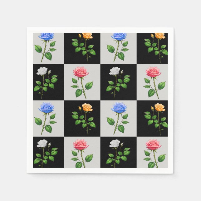 Checkered Multicolored Rose Floral Design  Napkins (Front)