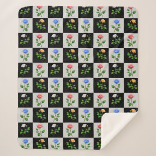 Checkered Multicolored Rose Floral Design  Sherpa Blanket