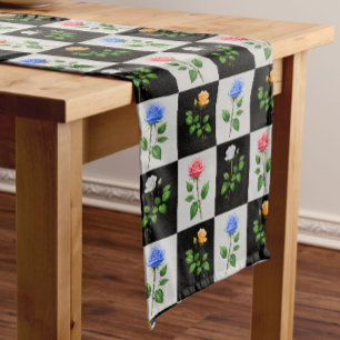 Checkered Multicolored Rose Floral Design Short Table Runner