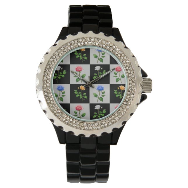 Checkered Multicolored Rose Floral Design  Watch (Front)