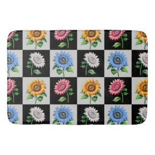 Checkered Multicolored Sunflower Floral Design Bath Mat