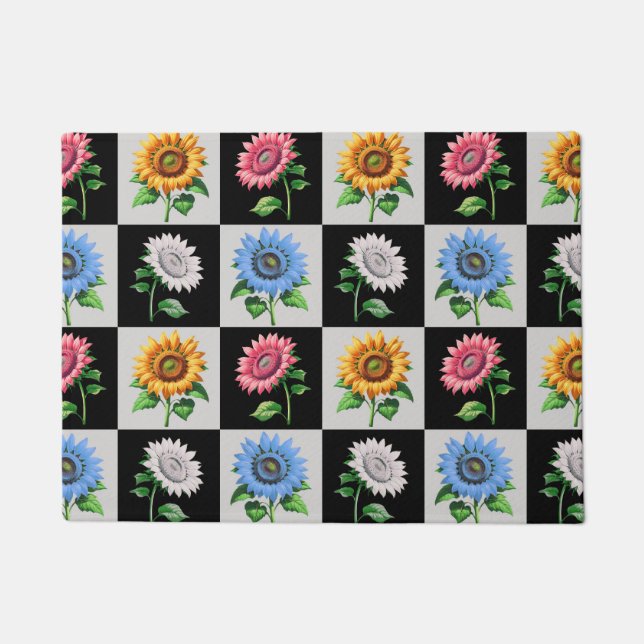 Checkered Multicolored Sunflower Floral Design  Doormat (Front)