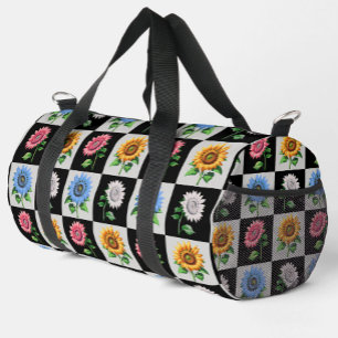 Checkered Multicolored Sunflower Floral Design Duffle Bag